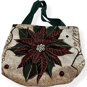 Christmas Holiday Poinsettia Tapesty Fabric Tote Bag Purse Gift Bag